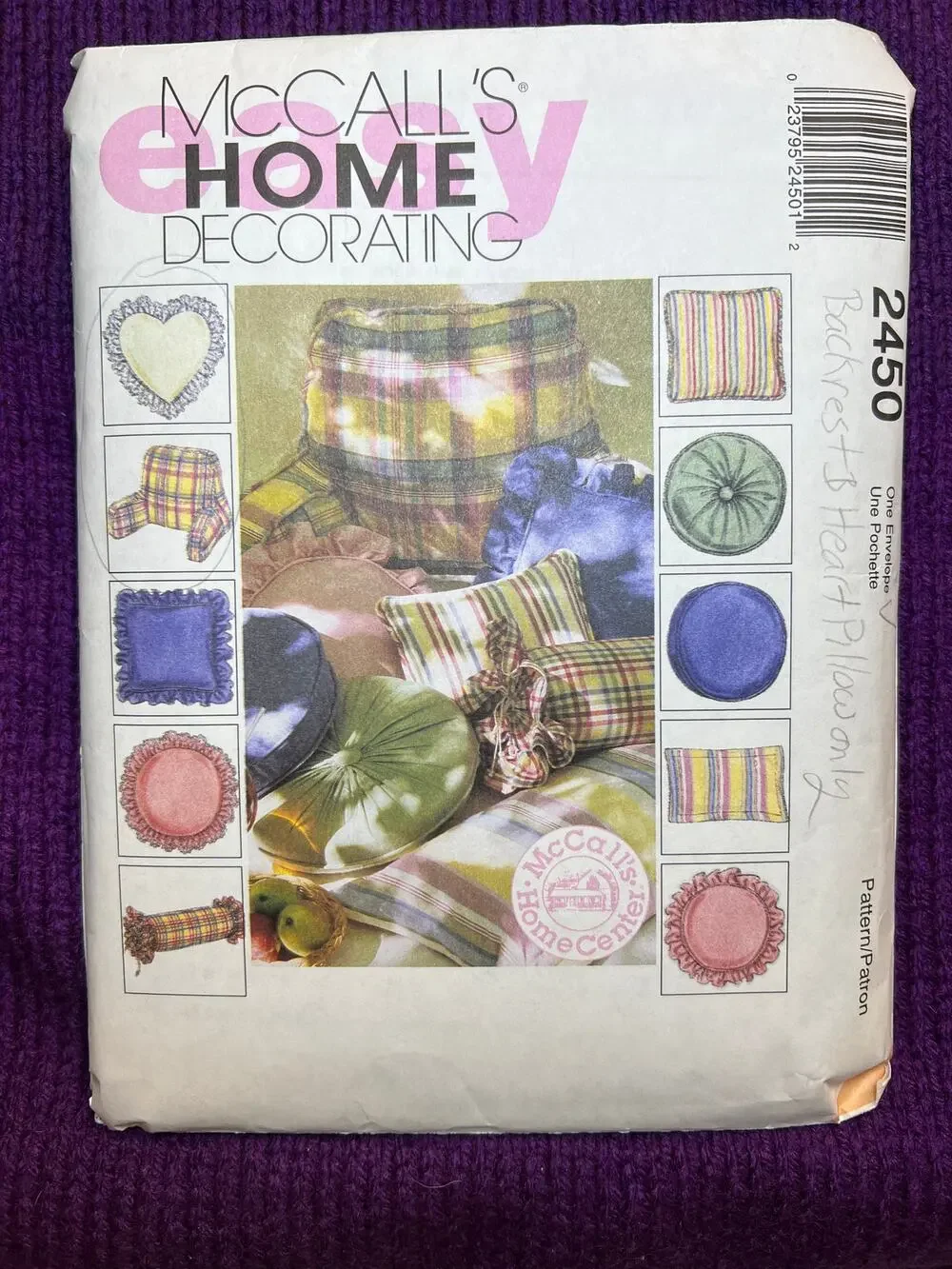 McCalls 2450 Sewing pattern pillow round square heart backrest